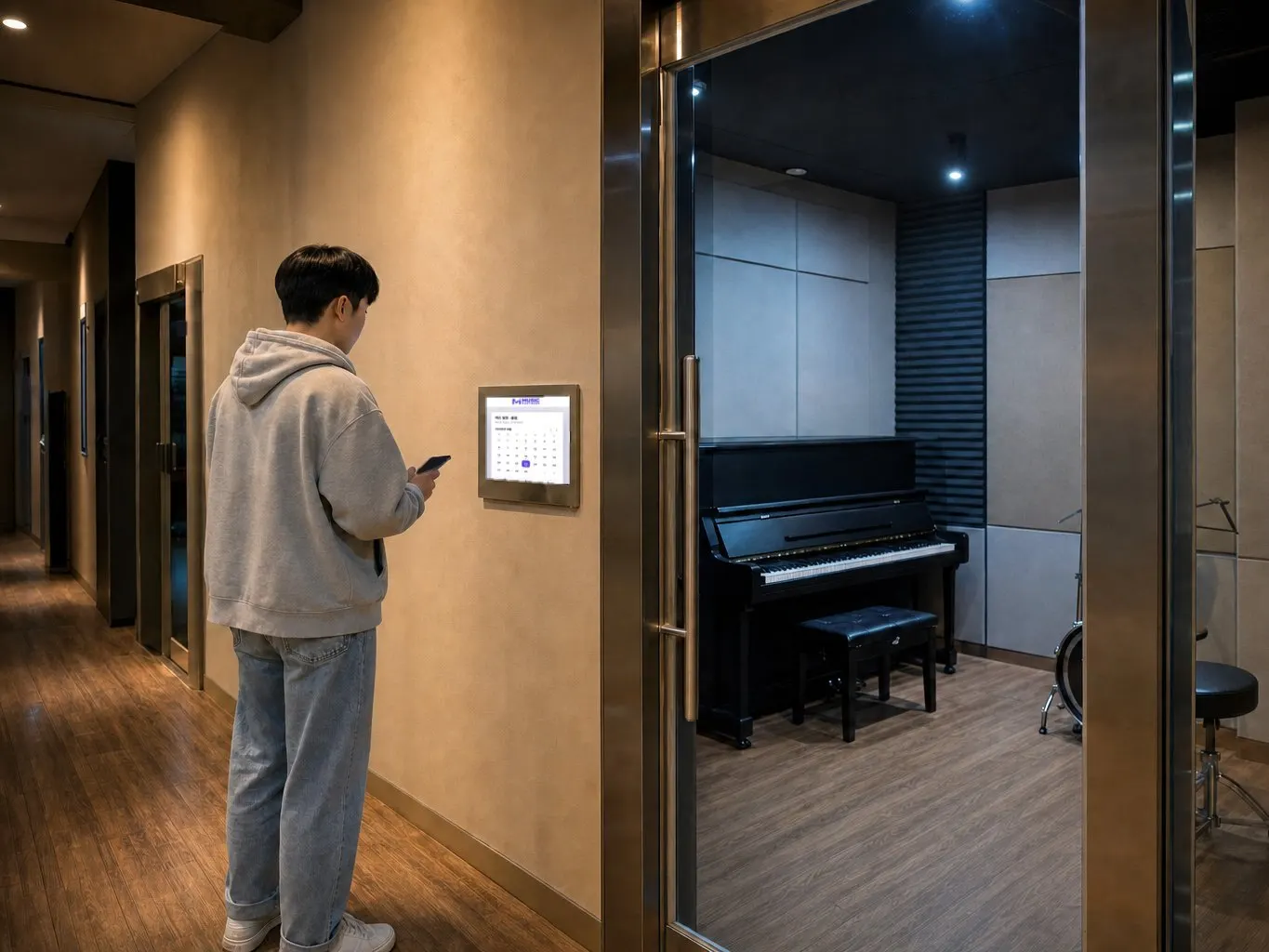 연습실 복도에서 휴대폰으로 예약을 확인하며 룸 앞에 선 이용자